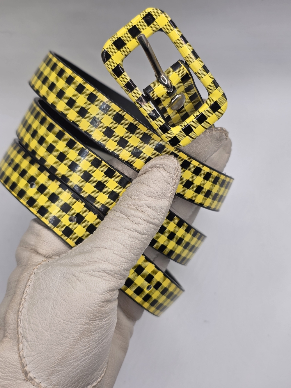 Yellow & Black Gingham Print Skinny Belt Size M/L 44" Punk Whimsy